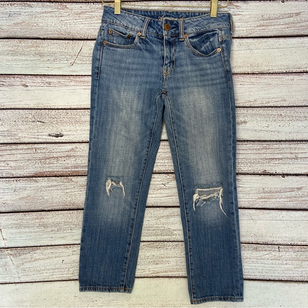 American Eagle Jeans Womens Size 00 Boy Fit Distressed Stretch Blue Denim